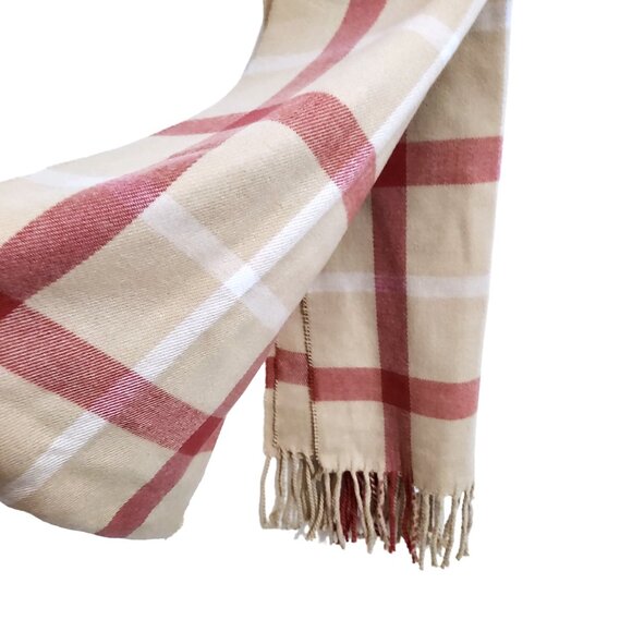 NEW D&Y Softer Than Cashmere Beige & Burgundy Plaid with Fringe Scarf - Picture 4 of 9